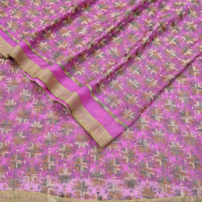 Indian Vintage Pink Sarees Chiffon Embroidered Bagh Phulkari Sari Craft Fabric 5Yard Dress Making Sewing Quilting Crafting Upcycle