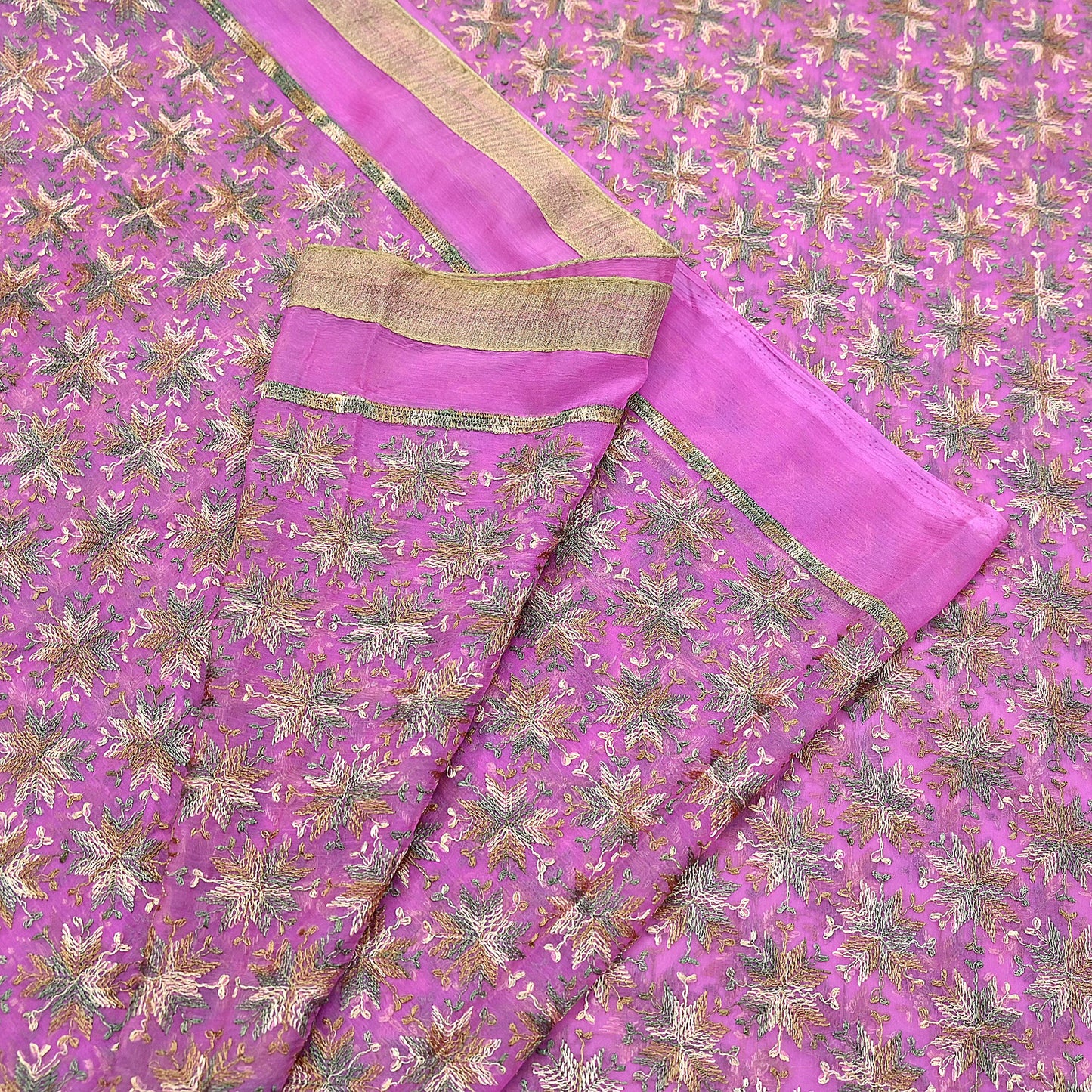 Indian Vintage Pink Sarees Chiffon Embroidered Bagh Phulkari Sari Craft Fabric 5Yard Dress Making Sewing Quilting Crafting Upcycle