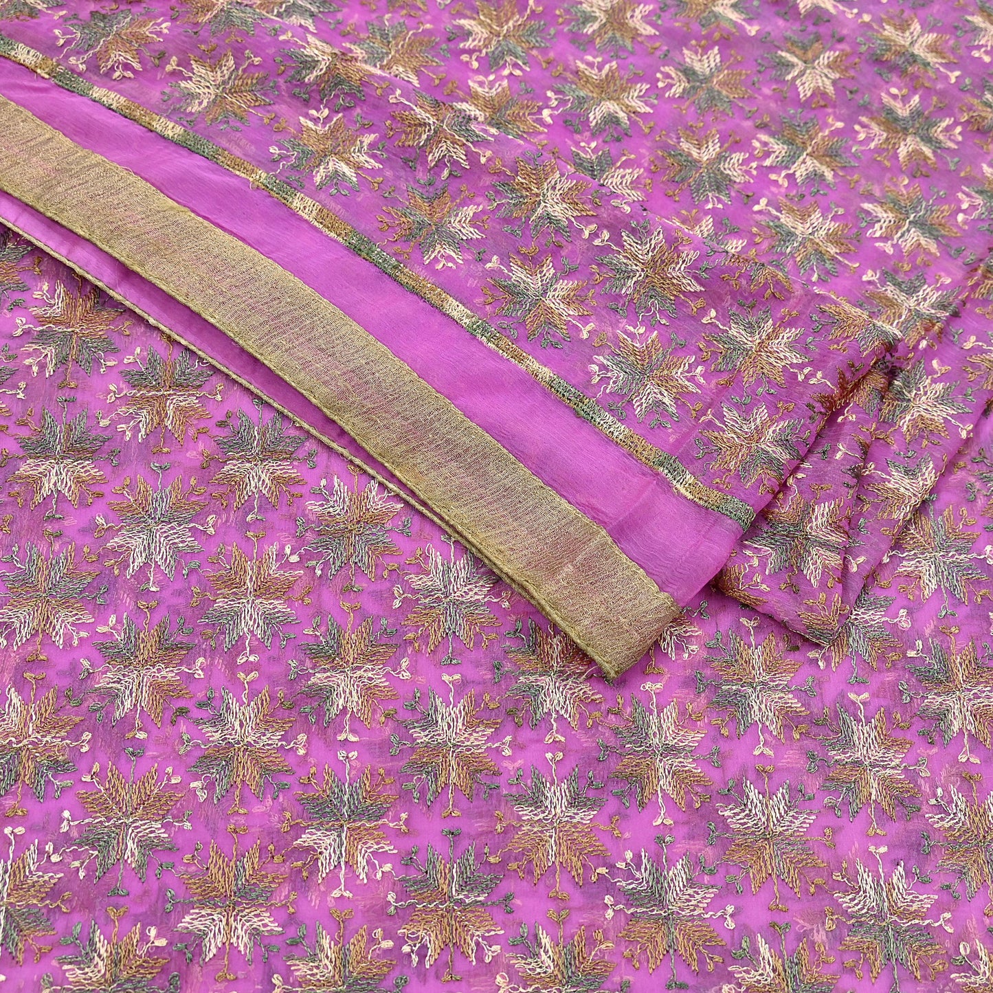 Indian Vintage Pink Sarees Chiffon Embroidered Bagh Phulkari Sari Craft Fabric 5Yard Dress Making Sewing Quilting Crafting Upcycle