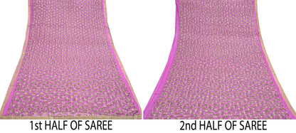 Indian Vintage Pink Sarees Chiffon Embroidered Bagh Phulkari Sari Craft Fabric 5Yard Dress Making Sewing Quilting Crafting Upcycle