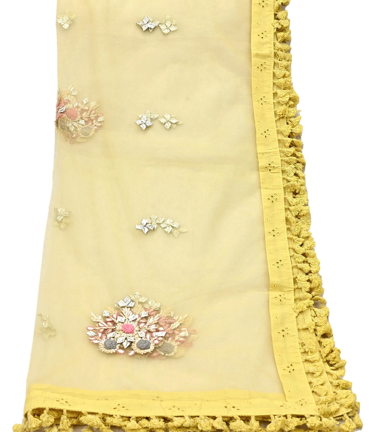 Indian Vintage Yellow Dupatta Long Stole Net Mess Hand Embroidered Scarves Veil Hijab Golden Gota