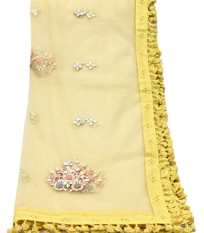 Indian Vintage Yellow Dupatta Long Stole Net Mess Hand Embroidered Scarves Veil Hijab Golden Gota