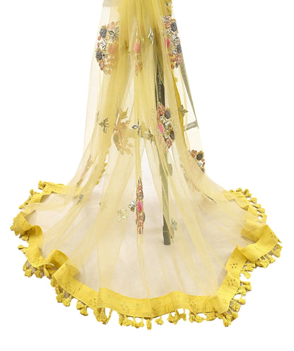 Indian Vintage Yellow Dupatta Long Stole Net Mess Hand Embroidered Scarves Veil Hijab Golden Gota