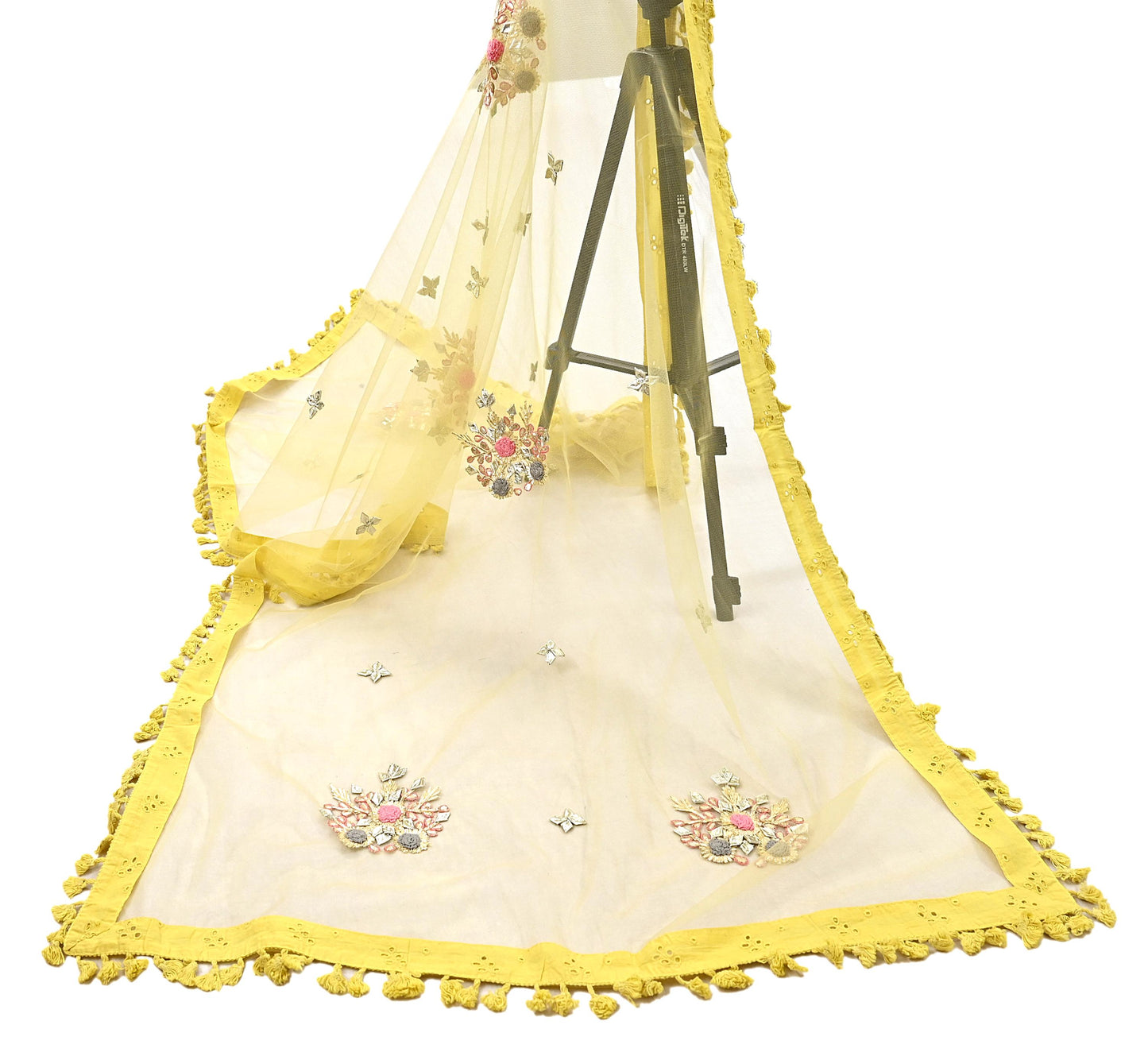 Indian Vintage Yellow Dupatta Long Stole Net Mess Hand Embroidered Scarves Veil Hijab Golden Gota