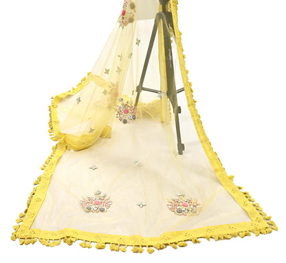 Indian Vintage Yellow Dupatta Long Stole Net Mess Hand Embroidered Scarves Veil Hijab Golden Gota