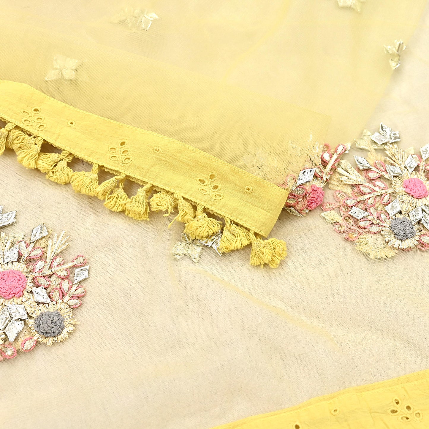 Indian Vintage Yellow Dupatta Long Stole Net Mess Hand Embroidered Scarves Veil Hijab Golden Gota