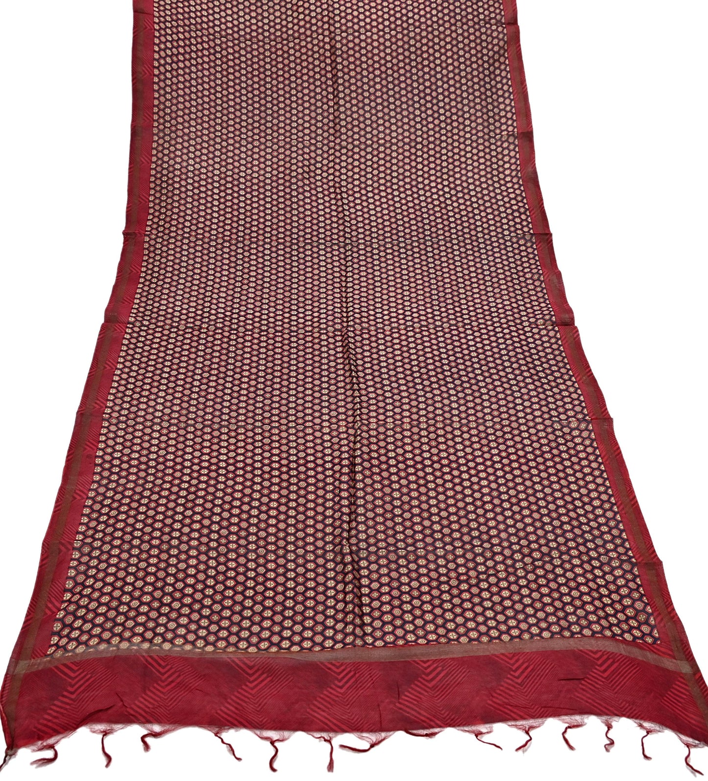 Indian Vintage Dupatta Red & Black Long Stole Block Print Pure Chanderi Silk Scarves Veil Zari Wrap Hijab