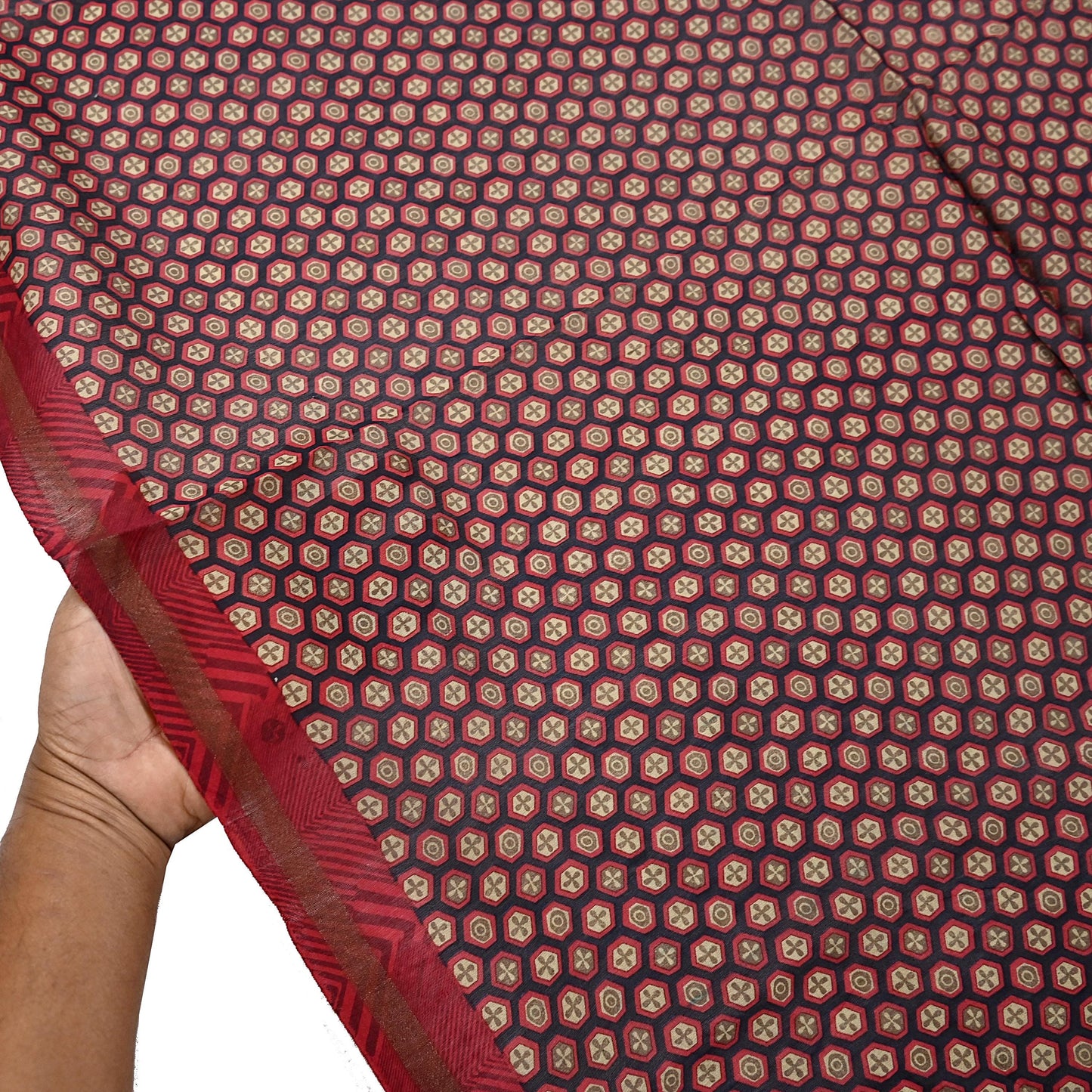 Indian Vintage Dupatta Red & Black Long Stole Block Print Pure Chanderi Silk Scarves Veil Zari Wrap Hijab