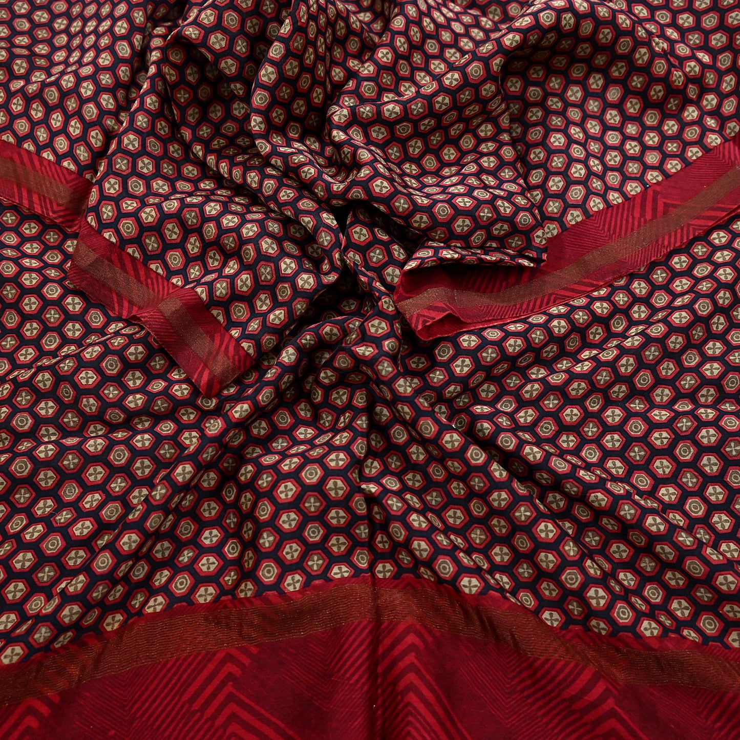 Indian Vintage Dupatta Red & Black Long Stole Block Print Pure Chanderi Silk Scarves Veil Zari Wrap Hijab