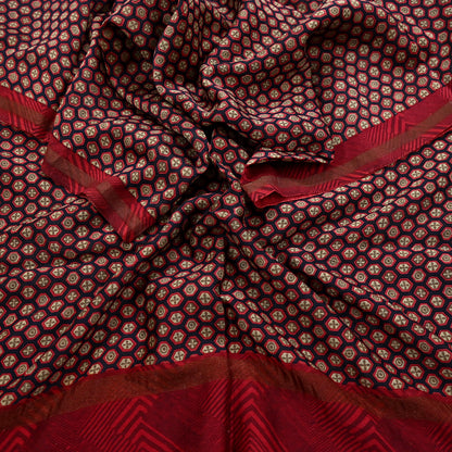 Indian Vintage Dupatta Red & Black Long Stole Block Print Pure Chanderi Silk Scarves Veil Zari Wrap Hijab