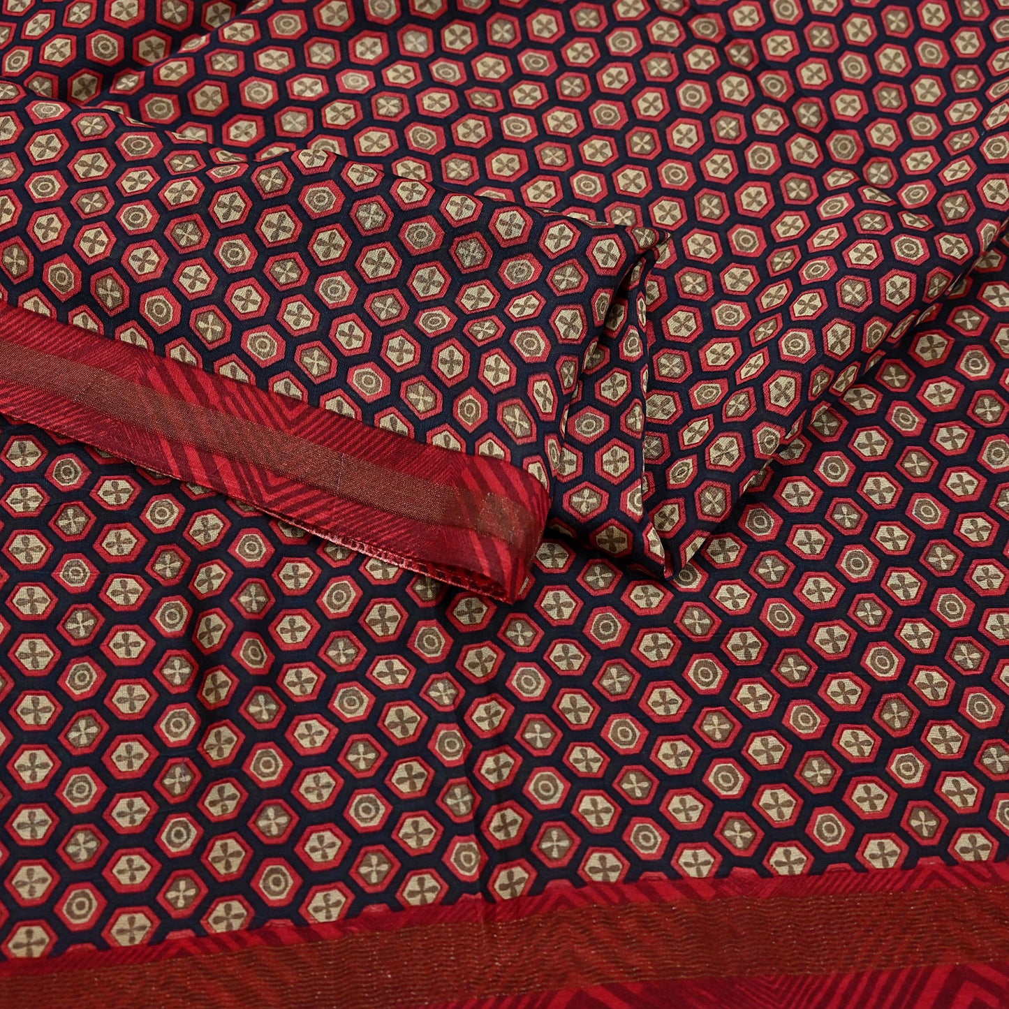 Indian Vintage Dupatta Red & Black Long Stole Block Print Pure Chanderi Silk Scarves Veil Zari Wrap Hijab