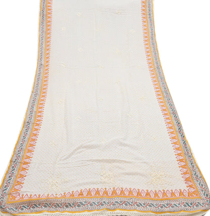 Indian Vintage White Dupatta Long Stole Hand Embroidered Pure Cotton Scarves Veil Soft Wrap Scarf