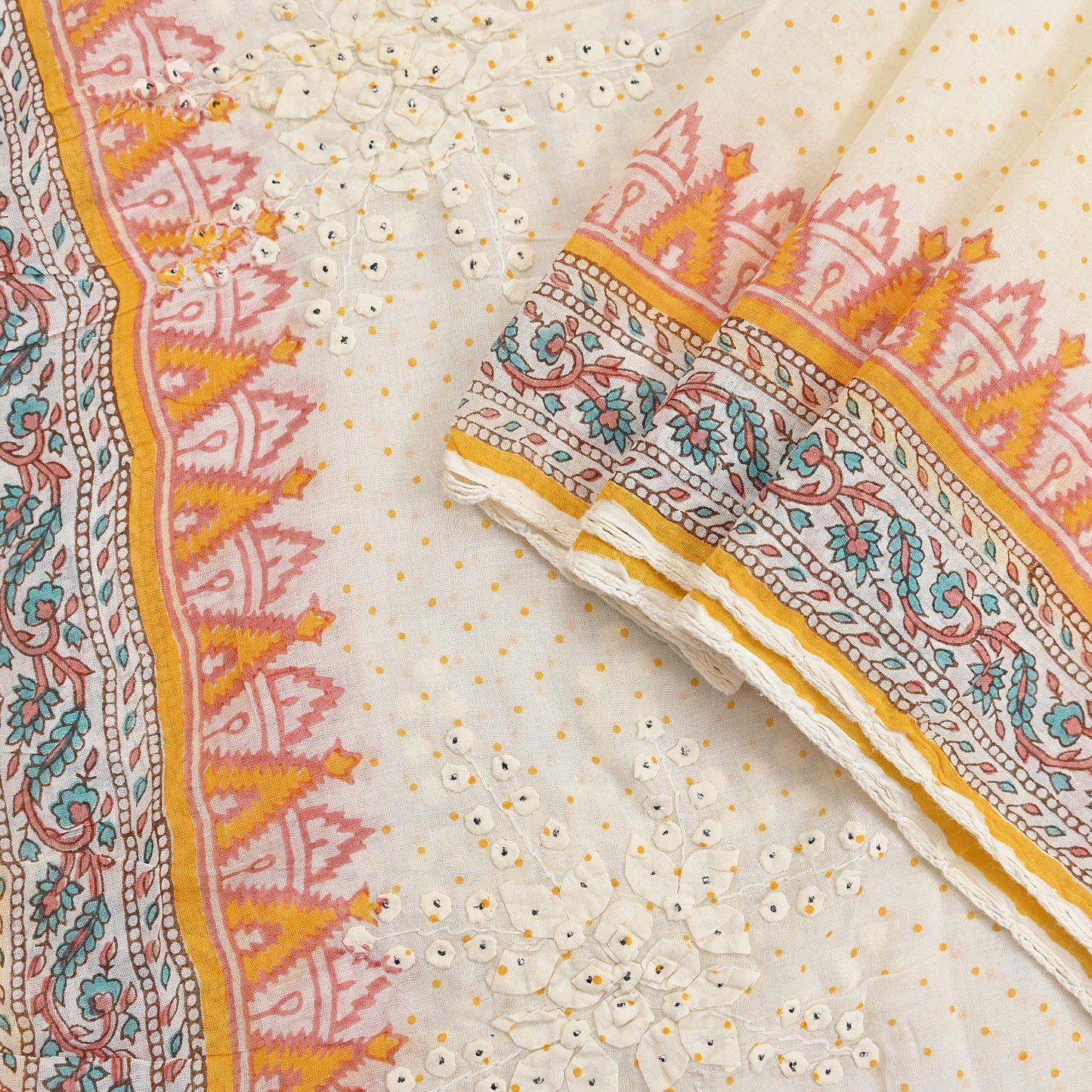 Indian Vintage White Dupatta Long Stole Hand Embroidered Pure Cotton Scarves Veil Soft Wrap Scarf