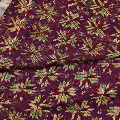 Indian Vintage Purple Dupatta Long Stole Chiffon Hand Embroidered Bagh Phulkari Stole Scarves Golden lace
