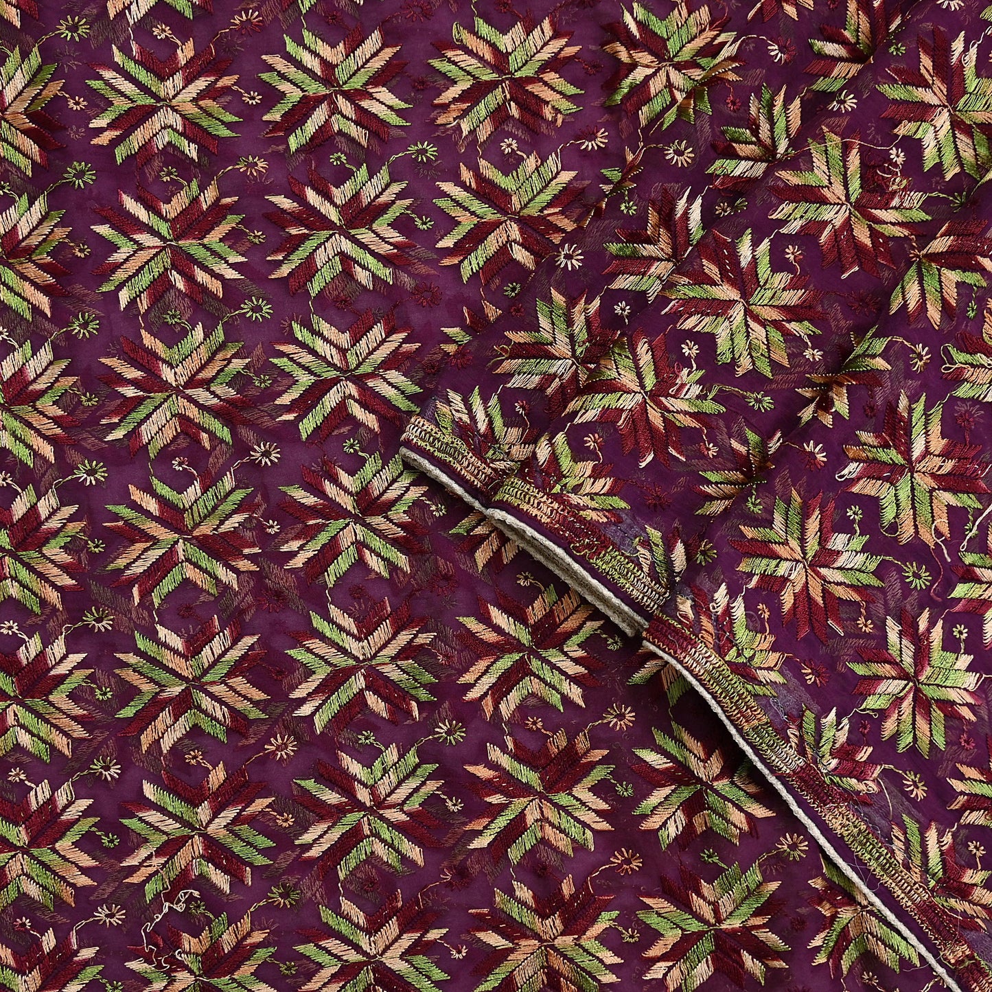 Indian Vintage Purple Dupatta Long Stole Chiffon Hand Embroidered Bagh Phulkari Stole Scarves Golden lace