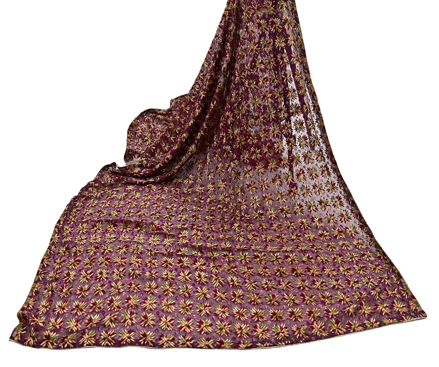 Indian Vintage Purple Dupatta Long Stole Chiffon Hand Embroidered Bagh Phulkari Stole Scarves Golden lace