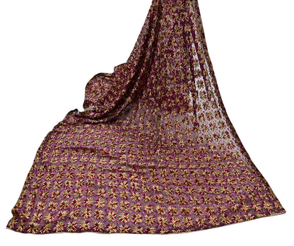 Indian Vintage Purple Dupatta Long Stole Chiffon Hand Embroidered Bagh Phulkari Stole Scarves Golden lace