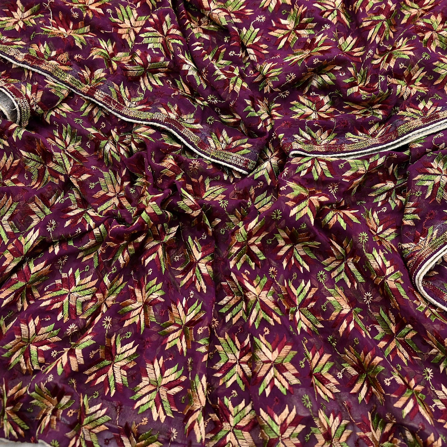 Indian Vintage Purple Dupatta Long Stole Chiffon Hand Embroidered Bagh Phulkari Stole Scarves Golden lace