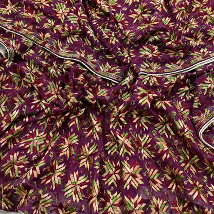 Indian Vintage Purple Dupatta Long Stole Chiffon Hand Embroidered Bagh Phulkari Stole Scarves Golden lace