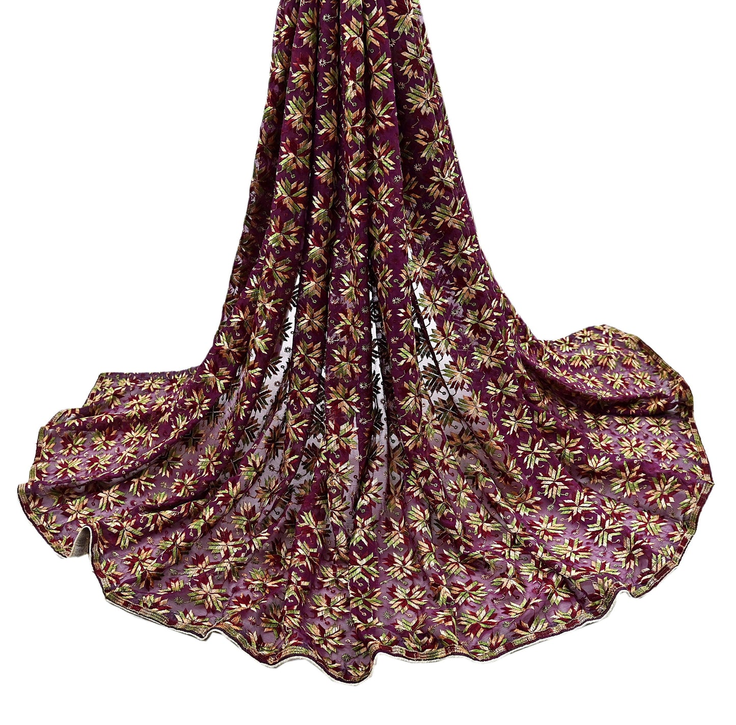 Indian Vintage Purple Dupatta Long Stole Chiffon Hand Embroidered Bagh Phulkari Stole Scarves Golden lace