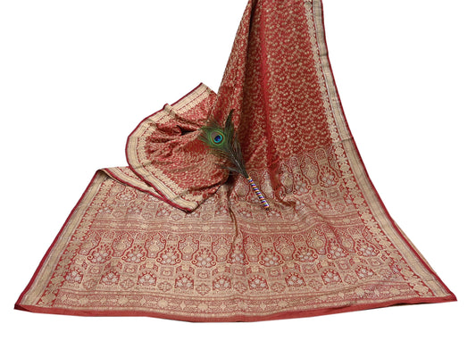 Indian Vintage Sari Red Heavy Pure Silk Woven Banarasi Brocade Saree Fabric 5Yd Ethnic Dress making Crafting Bollywood Dress Designing