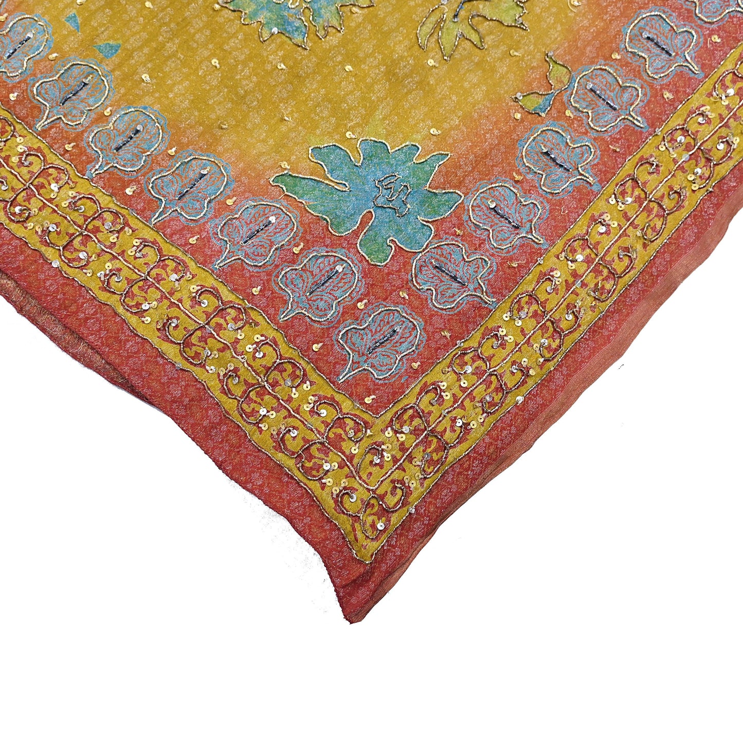 Indian Vintage Heavy Bridal Red & Yellow Dupatta Pure Georgette Silk Long Stole Hand Embroidered Scarf Zardozi Wedding red Hijab veil Boho