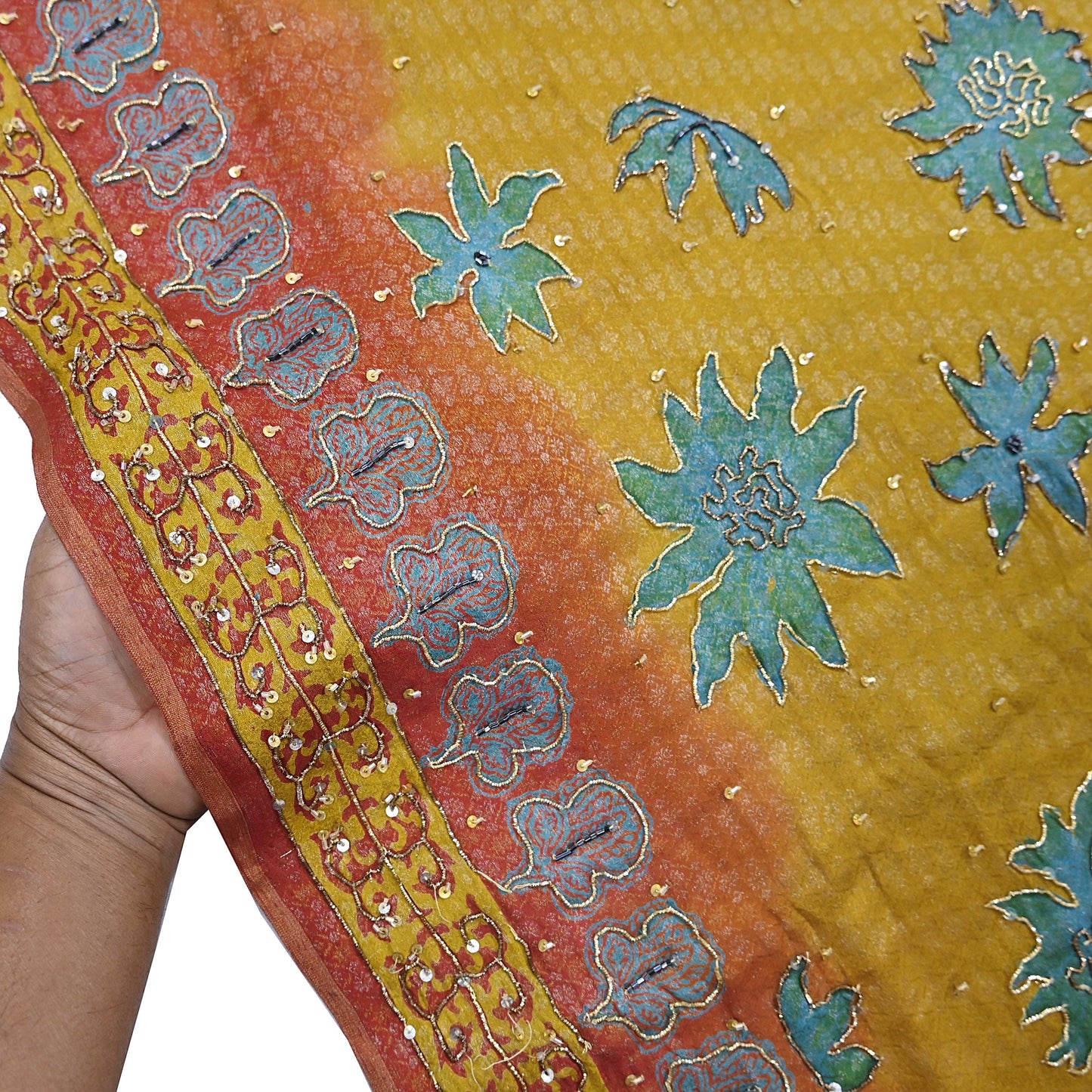 Indian Vintage Heavy Bridal Red & Yellow Dupatta Pure Georgette Silk Long Stole Hand Embroidered Scarf Zardozi Wedding red Hijab veil Boho