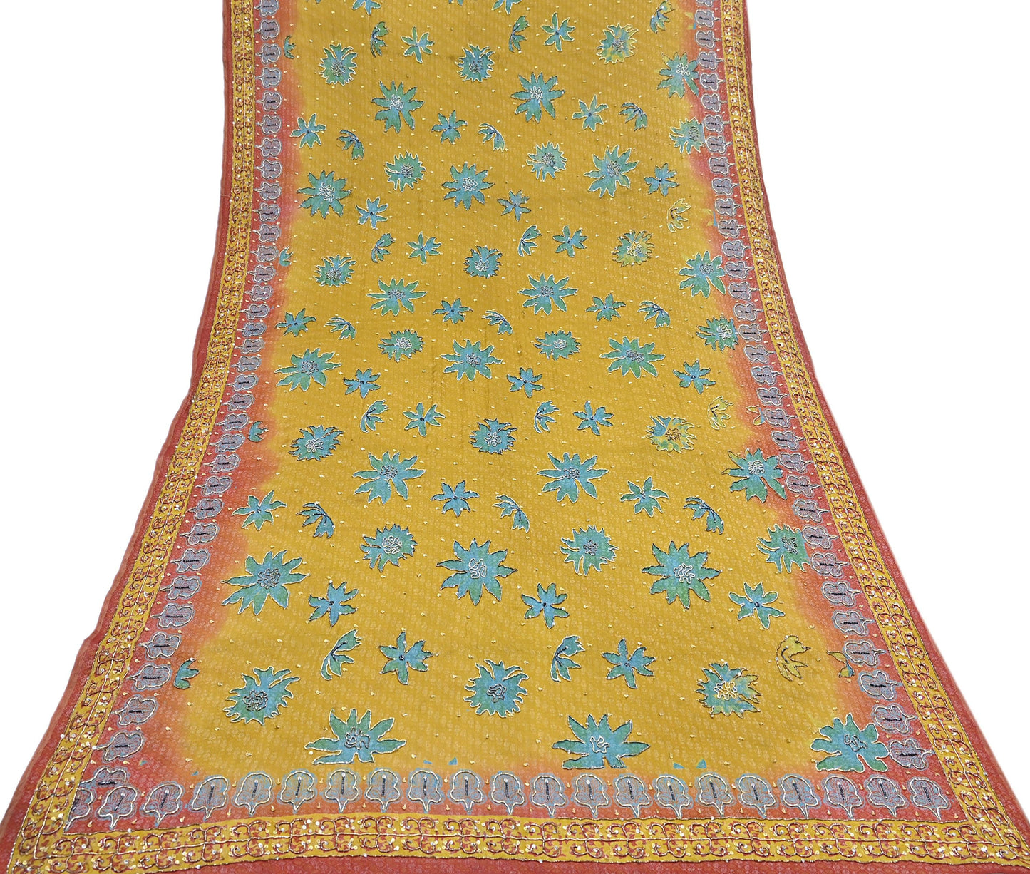 Indian Vintage Heavy Bridal Red & Yellow Dupatta Pure Georgette Silk Long Stole Hand Embroidered Scarf Zardozi Wedding red Hijab veil Boho
