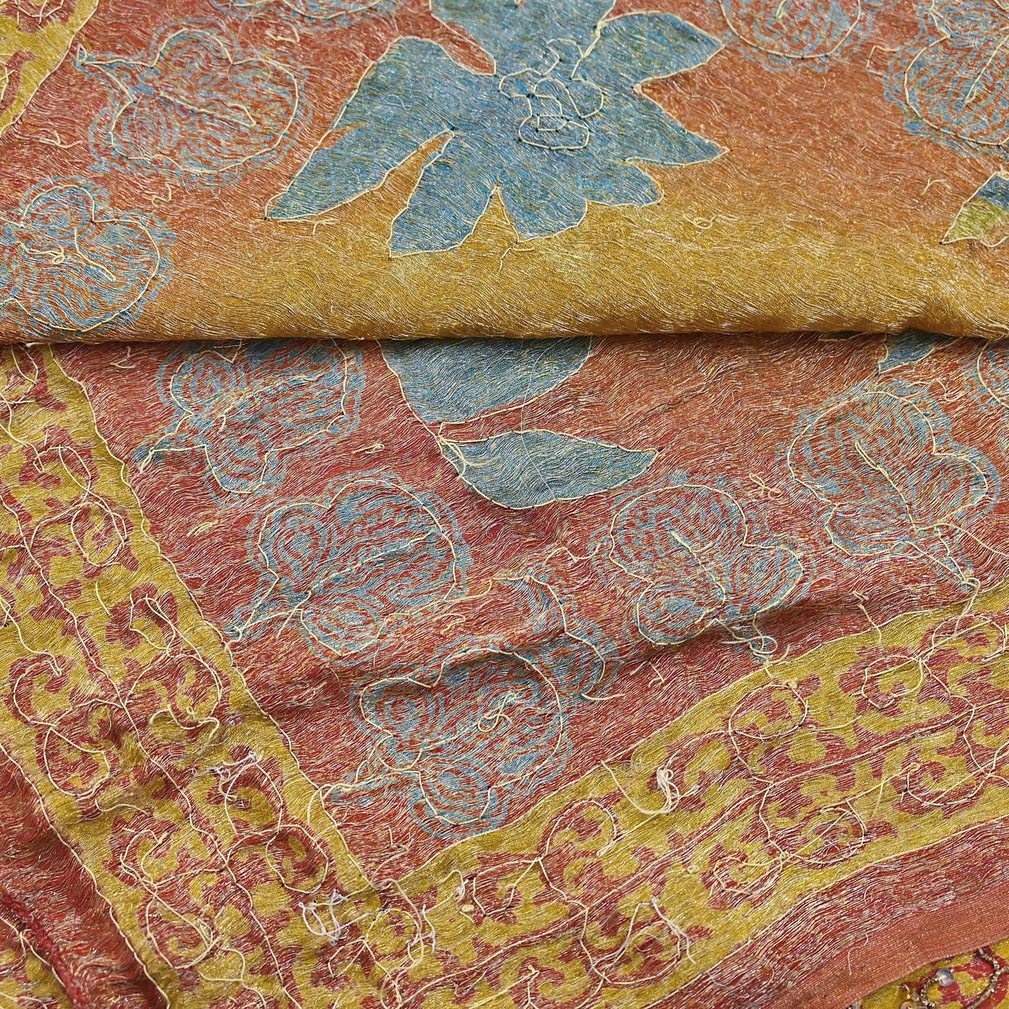 Indian Vintage Heavy Bridal Red & Yellow Dupatta Pure Georgette Silk Long Stole Hand Embroidered Scarf Zardozi Wedding red Hijab veil Boho