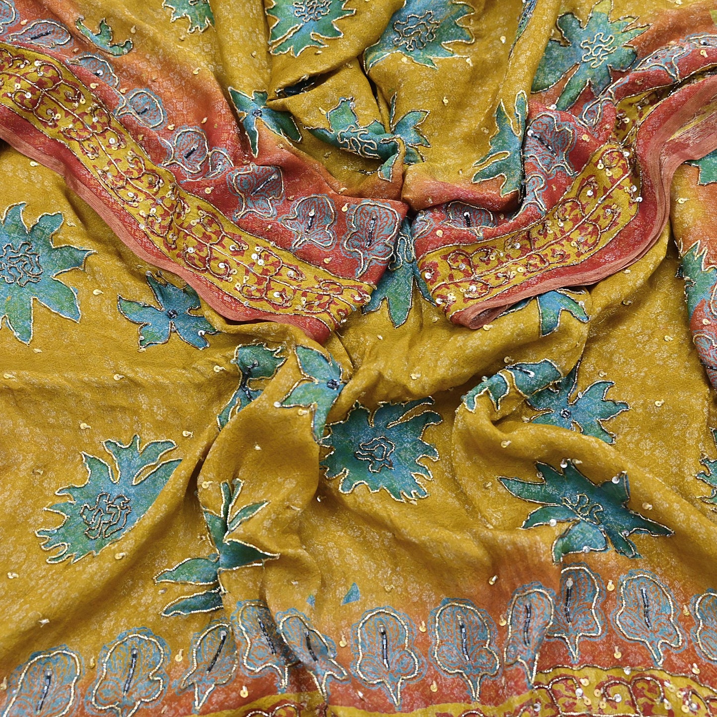 Indian Vintage Heavy Bridal Red & Yellow Dupatta Pure Georgette Silk Long Stole Hand Embroidered Scarf Zardozi Wedding red Hijab veil Boho