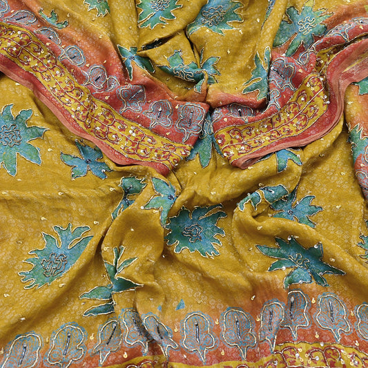 Indian Vintage Heavy Bridal Red & Yellow Dupatta Pure Georgette Silk Long Stole Hand Embroidered Scarf Zardozi Wedding red Hijab veil Boho