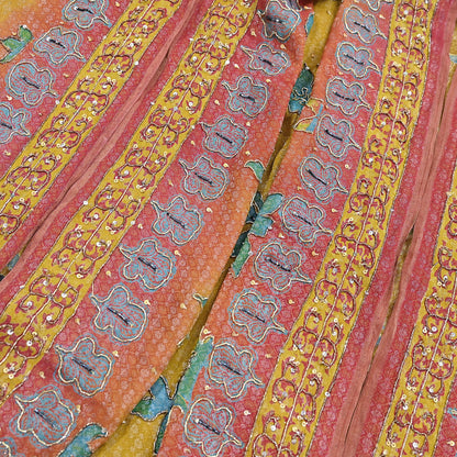 Indian Vintage Heavy Bridal Red & Yellow Dupatta Pure Georgette Silk Long Stole Hand Embroidered Scarf Zardozi Wedding red Hijab veil Boho