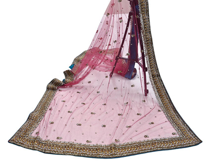 Indian Vintage Heavy Bridal Dupatta Pink Net Mesh Long Stole Hand Embroidered Scarves Sequins Glass Bead Wedding veil Wrap Boho