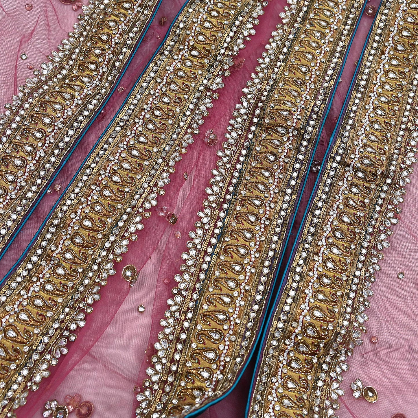 Indian Vintage Heavy Bridal Dupatta Pink Net Mesh Long Stole Hand Embroidered Scarves Sequins Glass Bead Wedding veil Wrap Boho