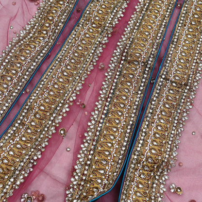 Indian Vintage Heavy Bridal Dupatta Pink Net Mesh Long Stole Hand Embroidered Scarves Sequins Glass Bead Wedding veil Wrap Boho