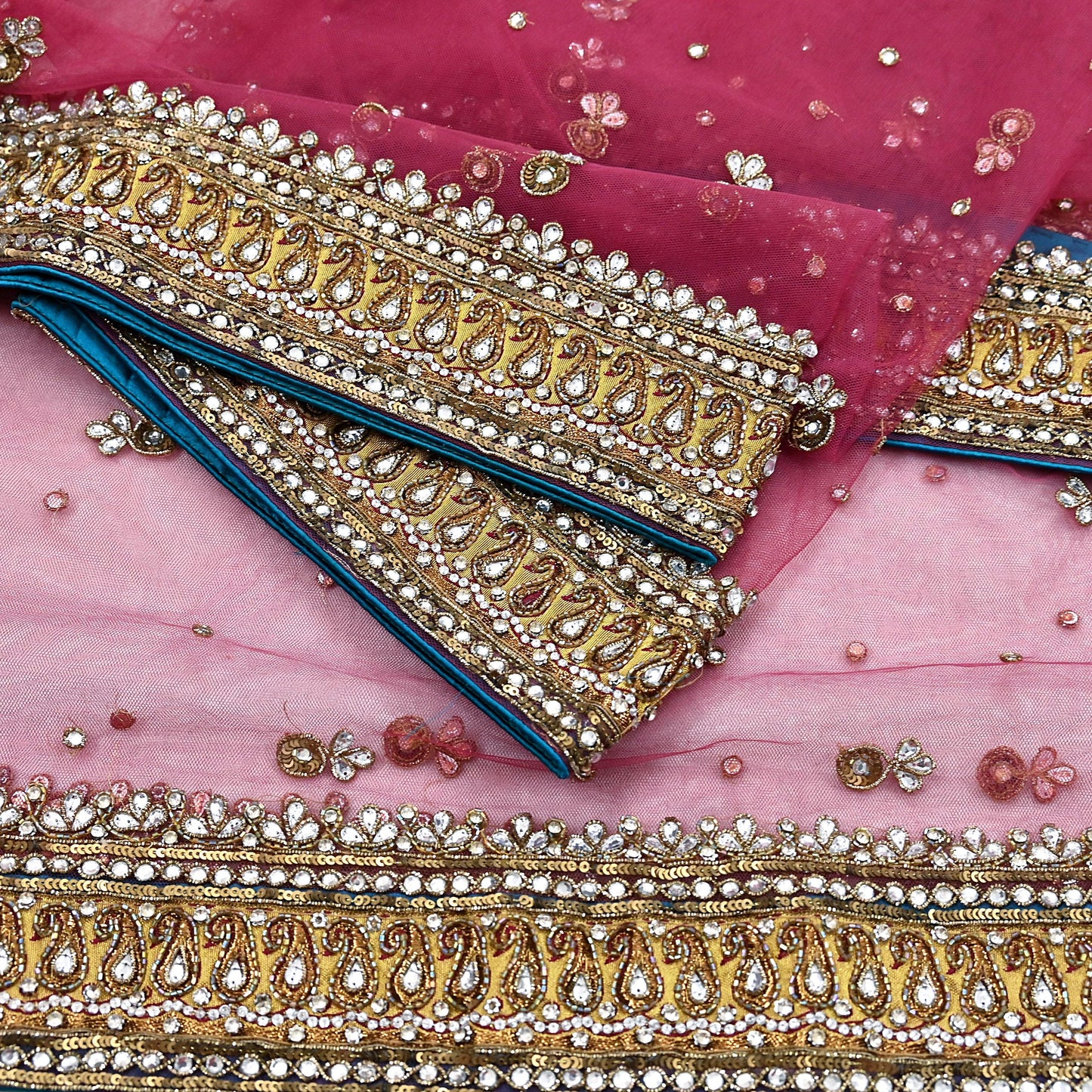 Indian Vintage Heavy Bridal Dupatta Pink Net Mesh Long Stole Hand Embroidered Scarves Sequins Glass Bead Wedding veil Wrap Boho