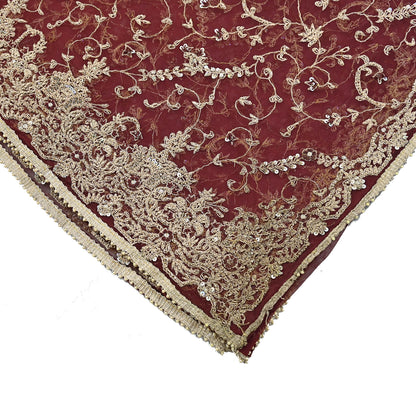 Indian Vintage Heavy Wedding Maroon Dupatta Net Mesh Long Stole Hand Embroidered Scarves Golden Zardozi Zari Sequins Dridal Veil Hijab