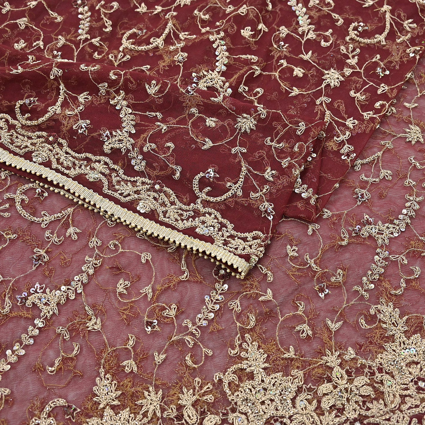 Indian Vintage Heavy Wedding Maroon Dupatta Net Mesh Long Stole Hand Embroidered Scarves Golden Zardozi Zari Sequins Dridal Veil Hijab