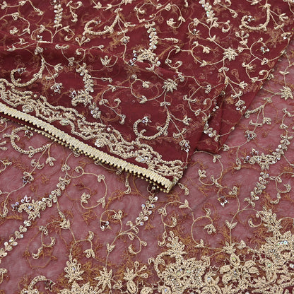 Indian Vintage Heavy Wedding Maroon Dupatta Net Mesh Long Stole Hand Embroidered Scarves Golden Zardozi Zari Sequins Dridal Veil Hijab