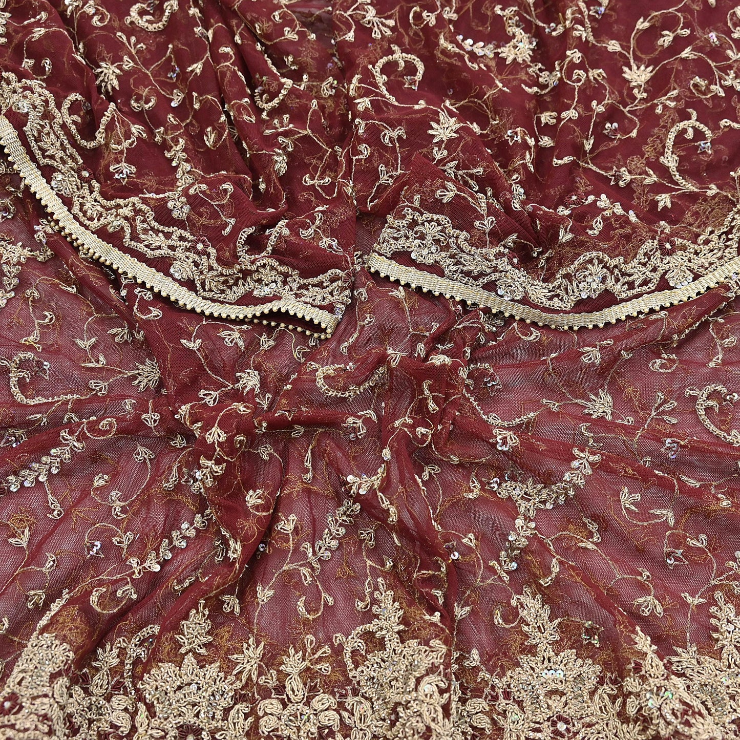 Indian Vintage Heavy Wedding Maroon Dupatta Net Mesh Long Stole Hand Embroidered Scarves Golden Zardozi Zari Sequins Dridal Veil Hijab