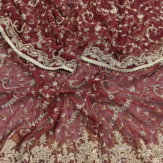 Indian Vintage Heavy Wedding Maroon Dupatta Net Mesh Long Stole Hand Embroidered Scarves Golden Zardozi Zari Sequins Dridal Veil Hijab