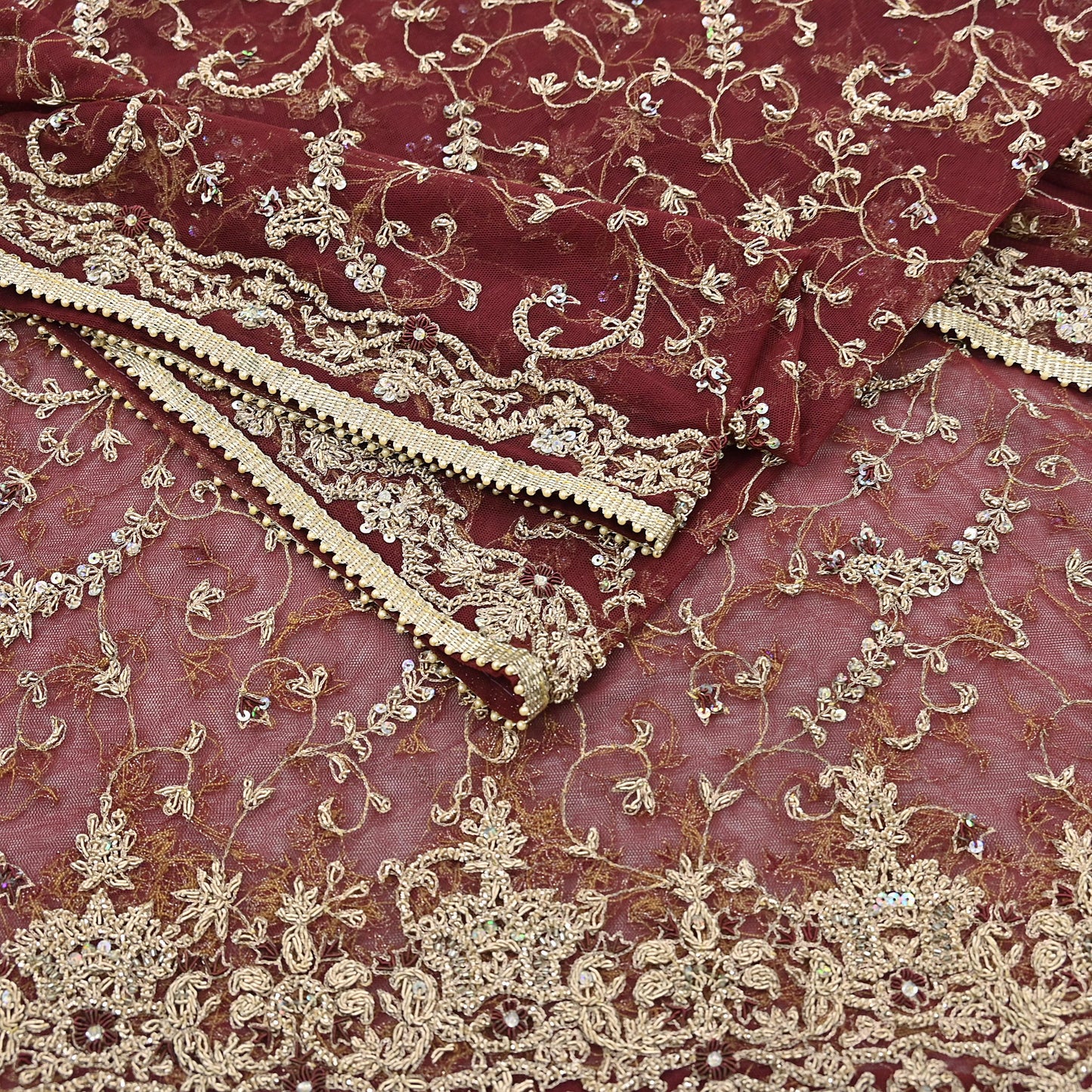 Indian Vintage Heavy Wedding Maroon Dupatta Net Mesh Long Stole Hand Embroidered Scarves Golden Zardozi Zari Sequins Dridal Veil Hijab