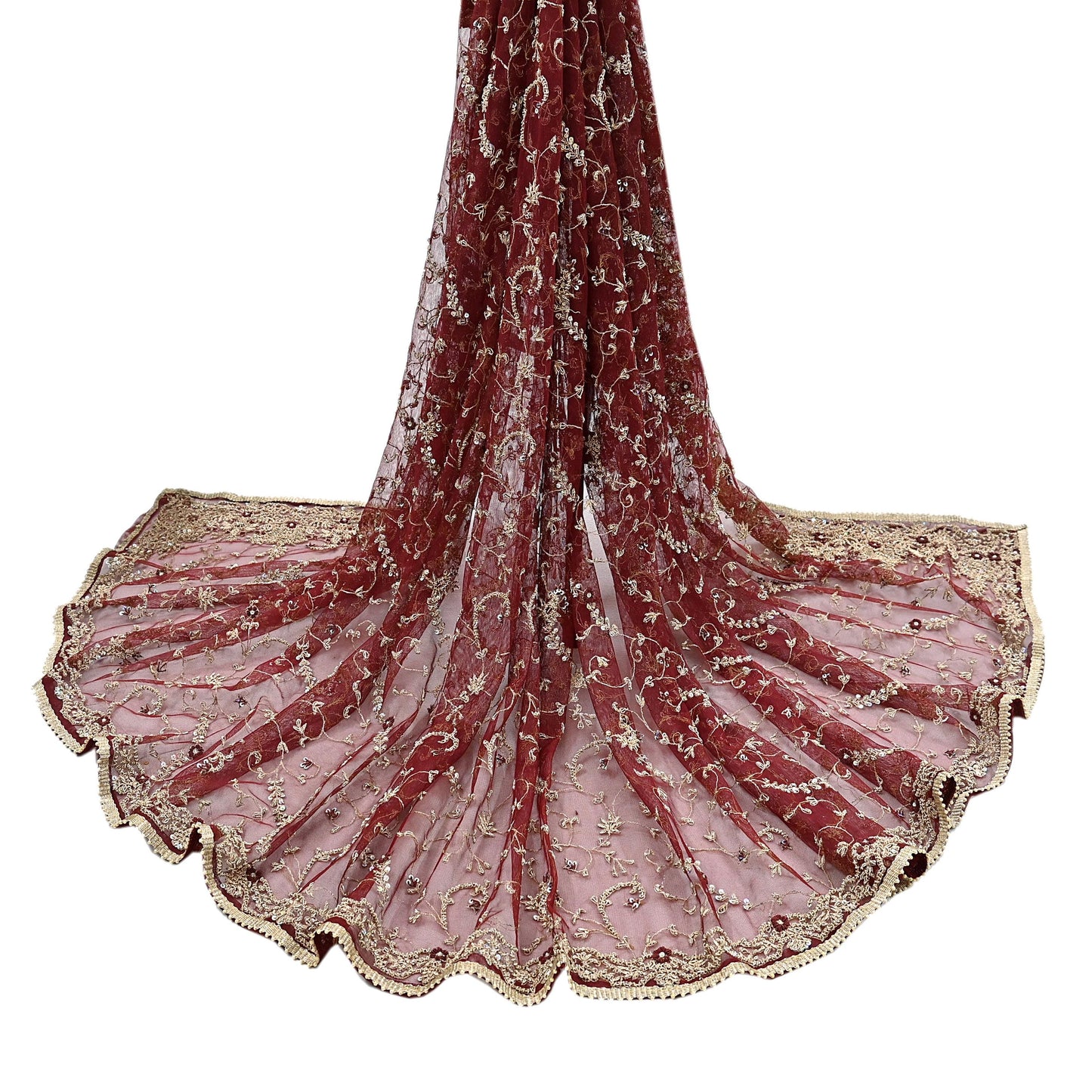 Indian Vintage Heavy Wedding Maroon Dupatta Net Mesh Long Stole Hand Embroidered Scarves Golden Zardozi Zari Sequins Dridal Veil Hijab
