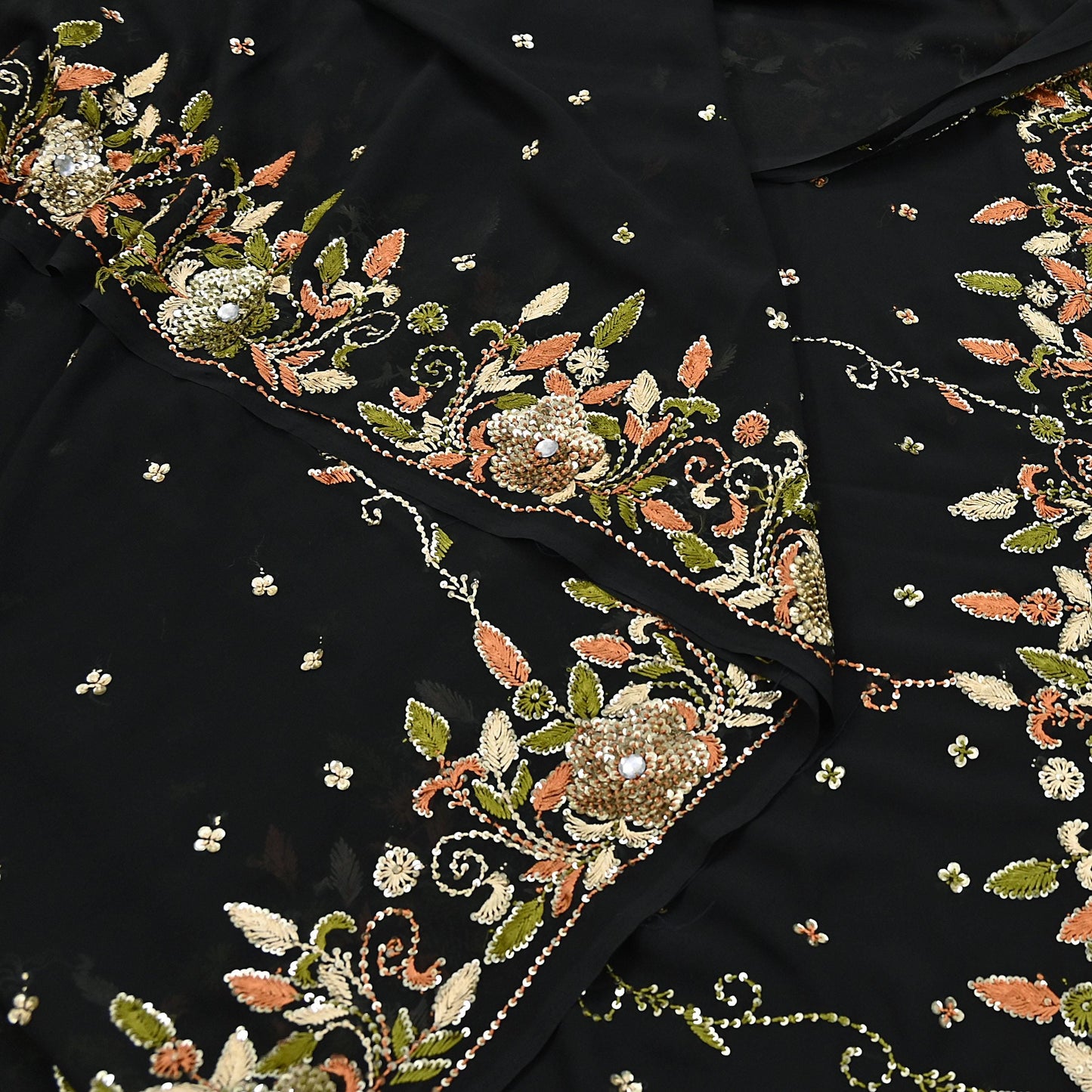 Indian Vintage Black Saree Georgette Hand Beaded Sari Fabric 5Yard Sewing Soft Ethnic Glass Beaded