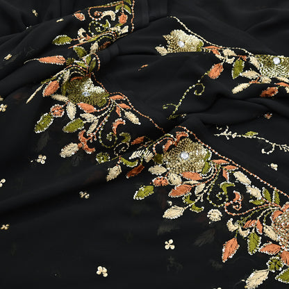 Indian Vintage Black Saree Georgette Hand Beaded Sari Fabric 5Yard Sewing Soft Ethnic Glass Beaded