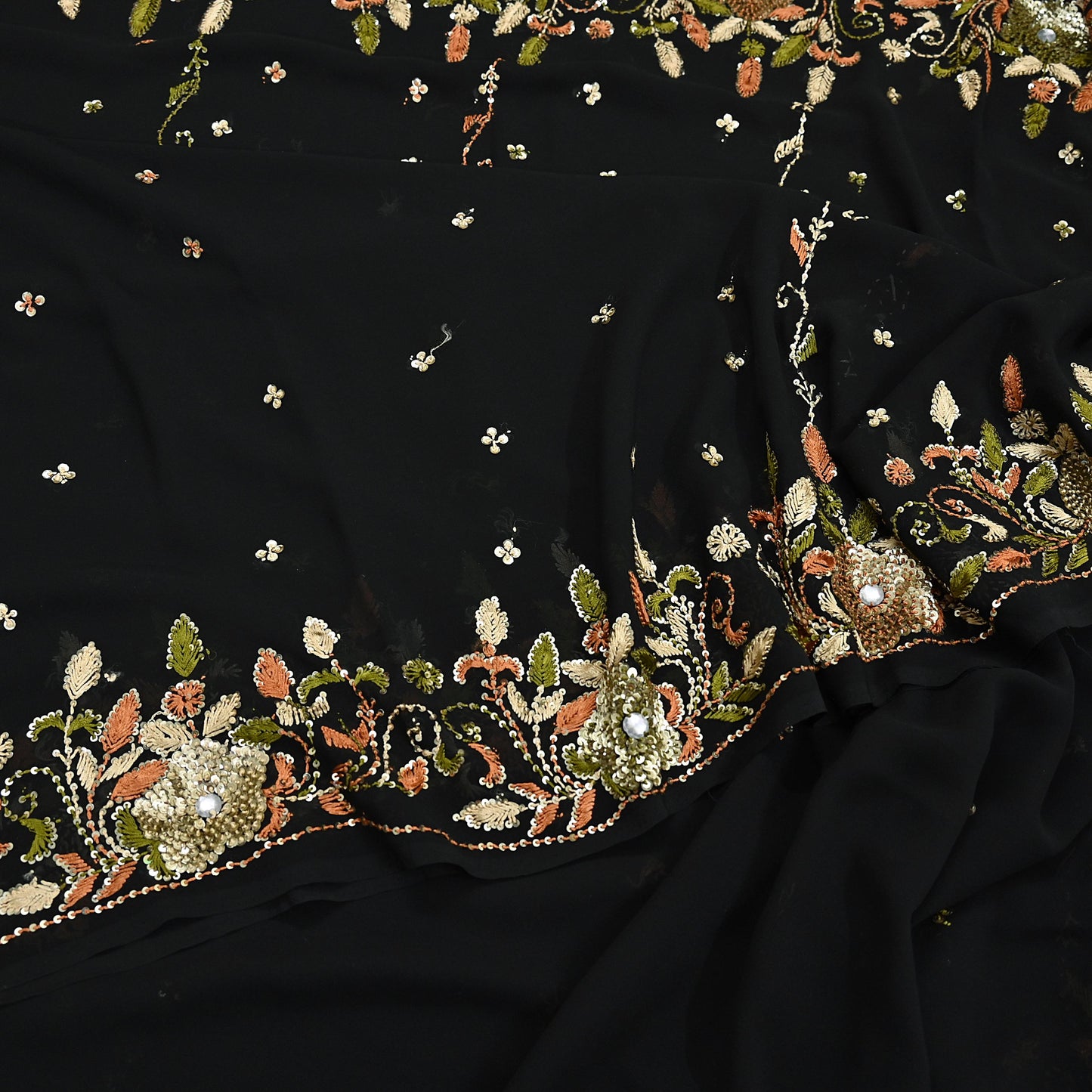 Indian Vintage Black Saree Georgette Hand Beaded Sari Fabric 5Yard Sewing Soft Ethnic Glass Beaded