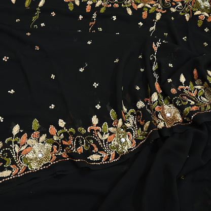 Indian Vintage Black Saree Georgette Hand Beaded Sari Fabric 5Yard Sewing Soft Ethnic Glass Beaded