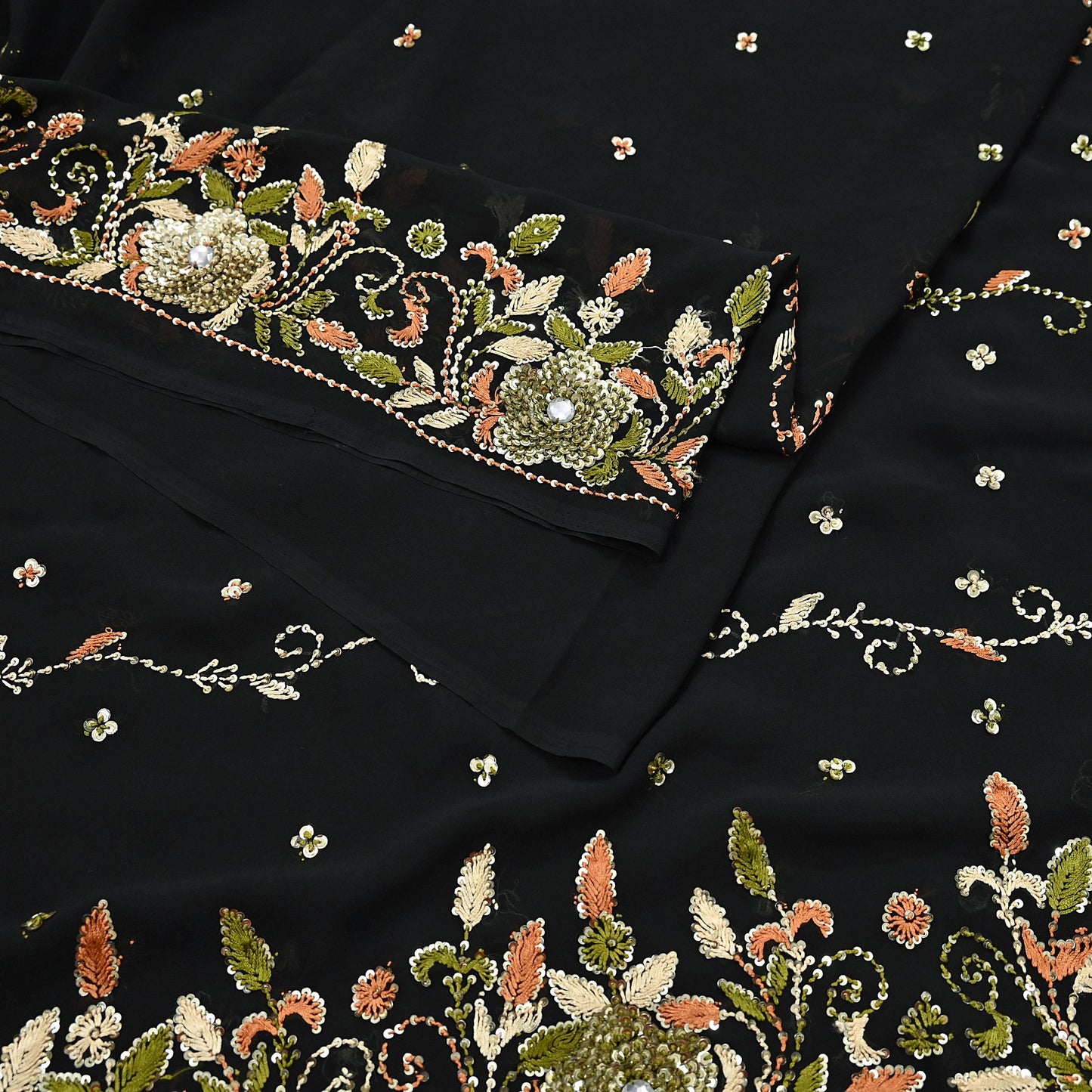 Indian Vintage Black Saree Georgette Hand Beaded Sari Fabric 5Yard Sewing Soft Ethnic Glass Beaded