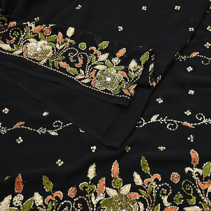 Indian Vintage Black Saree Georgette Hand Beaded Sari Fabric 5Yard Sewing Soft Ethnic Glass Beaded