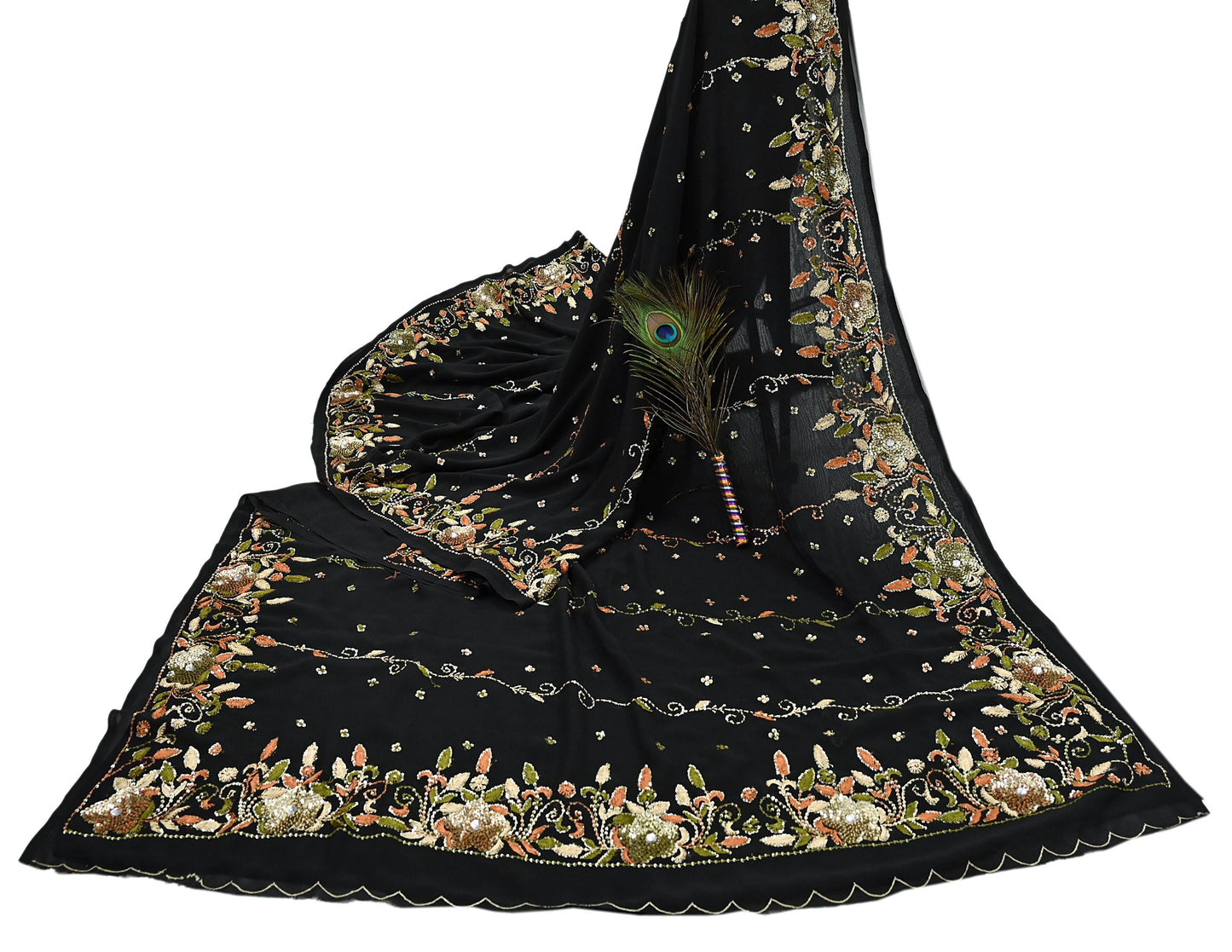 Indian Vintage Black Saree Georgette Hand Beaded Sari Fabric 5Yard Sewing Soft Ethnic Glass Beaded